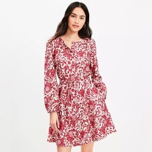 LOFT Red . Deep pink and Cream Floral Long Sleeve Dress sits and fits a Small